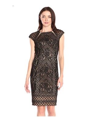 Tadashi Shoji Black Lace Midi Dress with Nude Lining